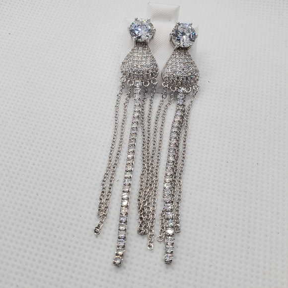 Silver 925 CZ Teardrop Chain Dangling Earrings - Picture 6 of 9